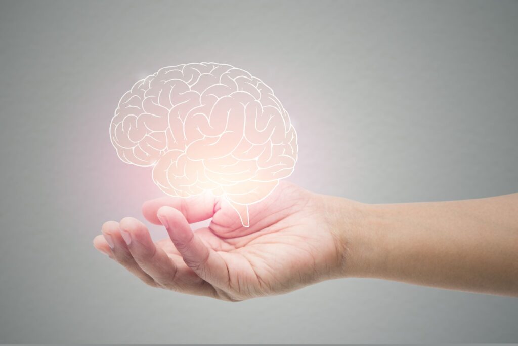 Projeção 3D de um cérebro em cima de uma mão humana