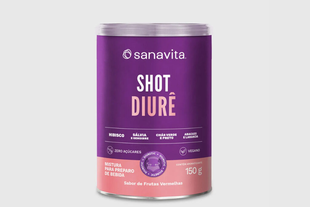 Embalagem do Shot Diurê da Sanavita, com rótulo destacando sabor de frutas vermelhas.