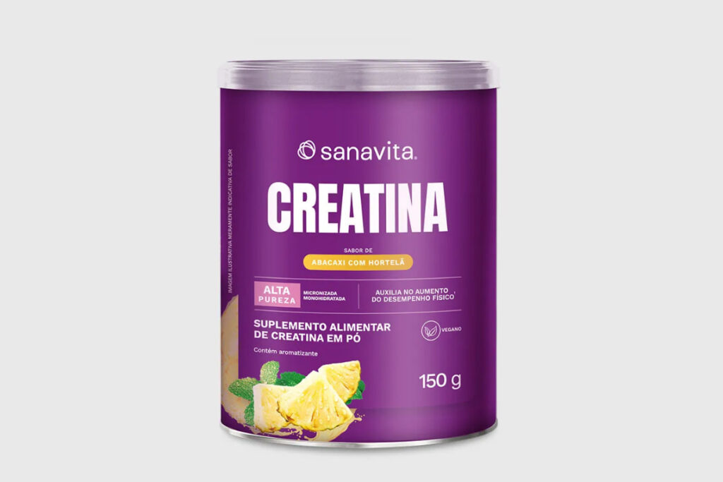 Embalagem da creatina com sabor de abacaxi e hortelã da Sanavita.