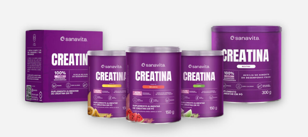 Linha de creatinas da Sanavita, com opções com sabores e sem sabores. 