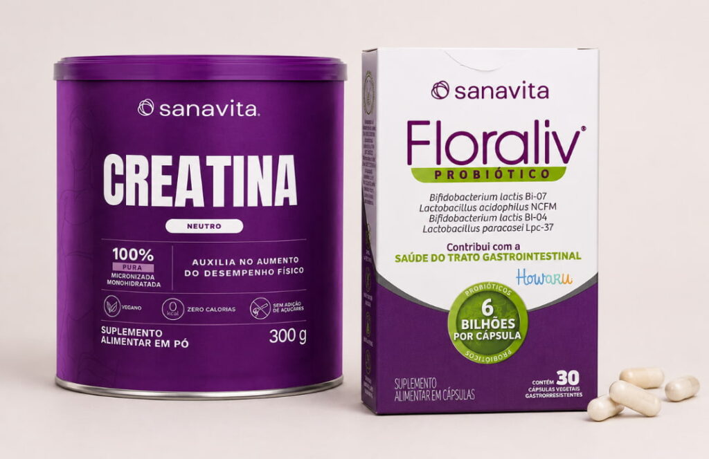Suplementos Sanavita de creatina e floraliv para auxiliar na hidratação com uso de GLP-1.