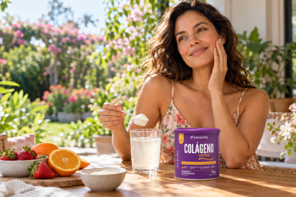 Mulher preparando bebida com Colágeno Verisol® Sanavita em ambiente florido de primavera, com frutas sobre a mesa.